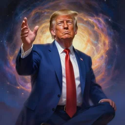 Portrait of Donald Trump reaching enlightenment and becoming one with the universe, highly detailed, concept art, illustration, cinematic, artstation, digital painting, mystical, zen
