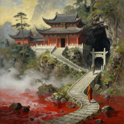 a gorgeous landscape painting by barlowe wayne, maxfield parrish and marco mazzoni. chinese temple. a lonely monk walks on the winding stone steps, stone gate to the dark cave, 3 d, octane render, turbulent blood lake, fog, 8 k.