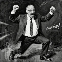 saul goodman as gene, glasses mustache, screaming, flailing, action! monochromatic painting by phil hale, fransico goya,'action lines '!!!, graphic style, visible brushstrokes, motion blur, blurry