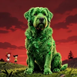 hyperrealist, graphic novel illustration of a bulky green labrador retriever with shaggy green fur with green dye sitting on a grassy hill, dramatic red sky, pulp 7 0's sci - fi vibes, 9 0's hannah barbara fantasy animation, cinematic, movie still, studio ghibli masterpiece