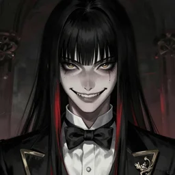 full face shot of a butler with straight black hair and a red streak, long bangs, with black eyes, yellow pupils, creepy smile, alert, fancy bridegroom, ultra detailed, brush strokes, digital painting, cinematic, wlop artstation, pixiv, intimidating, deep darks, glare, evil, yoshitaka amano, junji ito,