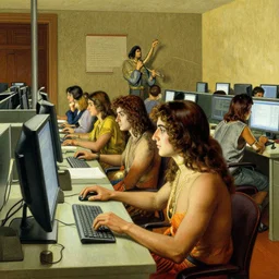Aztecs using computer at a lan house artwork by Norman Rockwell,