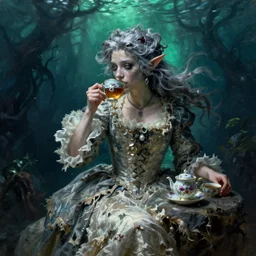 A 18th century, messy, silver haired, (((mad))) elf princess, dressed in a ((ragged)), wedding dress, is ((drinking a cup of tea)),  in her right side is a porcelain tea set. Everything is underwater and floating. Mystical, dreamlike, atmospheric, scarry, horroristic shadows, ((greenish blue tones)), theatrical, (((underwater lights))), high contrasts.  fantasy oil canvas by Claude Monet, Henry Meynell Rheam,  and John Everett Millais