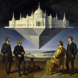 a painting by timofey stepanov, john harris, barlowe wayne, maxfield parrish, gustave dore and marco mazzoni. in the distance a gaint palace in geometric shape suspended in the void. hyper detailed.