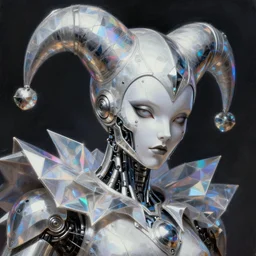 closeup of court jester, intricate platinum cyborg bionic futurism fantasy art angular cyberpunk art concept, holographic metallic fluid polygonal shards, ultrafine detailed painting by cedric seaut android jones artgerm greg rutkowski gustave dore, cgsociety, trending on zbrush central darksynth sharp focus 8 5 mm f 1. 8 ray tracing