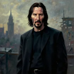 A Les Edwards painting of Keanu Reeves in The Matrix movie