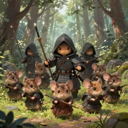 dungeons and dragons fantasy painting, platoon of ashigaru mice ranger tanegashima ssoldiers emerge from the forest, longbows, hooded cloaks, whimsical and cute, determined expressions, watery eyes, anime inspired by krenz cushart, brown fur, tufty whiskers, feathered arrows, bamboo forest, dawn lighting, by brian froud jessica rossier and greg rutkowski