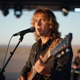 close up photograph of a young robert plant performing in the atacama desert by mark owen. kodak portra film!!. whirl bokeh!. mamiya 7. highly detailed. hq. photoreal. golden hour. in - frame