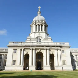 royal naval college, people, blue sky, fantasy, concept art, low angle, highly detailed, warm lighting, volumetric, godrays, vivid, trending on artstation, by jordan grimmer, greg rutkowski