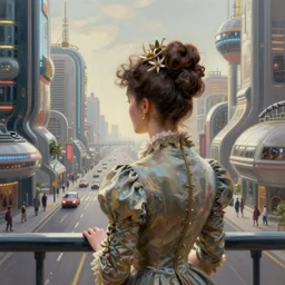 portrait of a victorian lady in a futuristic city, from behind, streets, highly detailed, digital painting in the style of Peter Mohrbacher and M C Escher