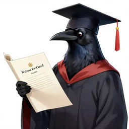 highly detailed anime visual key of a raven wearing bachelor hat that is holding a academic thesis, 4 k, professional digital art