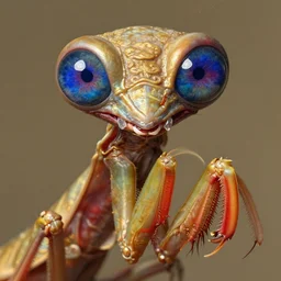 close up portrait of a mutant monster creature with colorful exotic indigo iris eyes, crystal teeth, mantis composure. gold, vermillon. by jan van eyck, walton ford