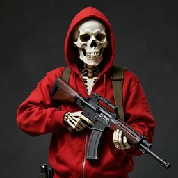 a skeleton in a red hoodie with a rifle ultrarealism