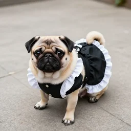 photo of a cute pug wearing a black french maid dress, canon eos r 3, f / 1. 4, iso 2 0 0, 1 / 1 6 0 s, 8 k, wide angle