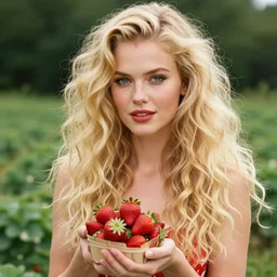 A beautiful Blonde Woman with lushes Locks selling strawberries in the style of Sophie Anderson, Portrait