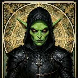 head-on symmetrical centered painted portrait, green-skinned goblin assassin, black leather armour, art nouveau, tarot card style, complex fractal tarot card background, fantasy, intricate, elegant, highly detailed, smooth, sharp focus, illustration, artstation, in the style of Artgerm and Anna Podedworna and Alex Ross and Mucha