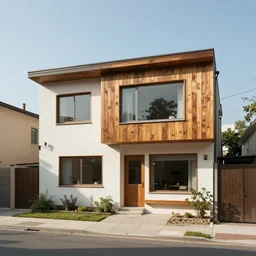view of a house from the street. wood accent. style: retro futurism