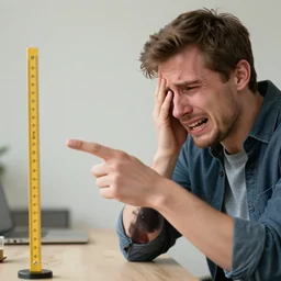 A dutch man pointing at a ruler and crying, sobbing man, high resolution photo