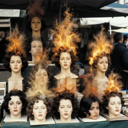 a photograph of a market stall, every item is an exploding head. effortless beauty in the style of man ray