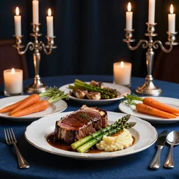 product shot of a five - star dinner with prime rib, asparagus, mashed potatoes and gravy, and steamed carrots with blue table cloth and lit candles in ornate silver candlesticks, ultra - realistic, photo realism, professional photograph, extreme detail, deep focus, laser sharp, volumetric lighting, atmospheric, five - star, luxury, elite