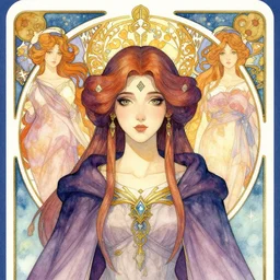 masterpiece symmetrical centered bust-view portrait, Maya Ali as D&D sorcerer, single head, Neo-Gothic, Art Nouveau style, cell shaded, dreamy watercolour, wizard robe, fantasy, delicate, elegant, in the style of Moebius  ROSSDRAWS and Alphonse Mucha and Ayami Kojima, tarot card style, rich bright colours
