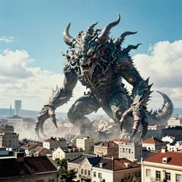 A eldritch monster ravages a city. Vintage photo, high saturation, bright colors, cinematic lighting.