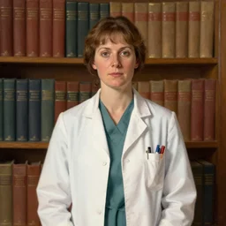 a character portrait of a lady doctor in the original form series by margaret ward, centered, year 1 8 0 0, illustration, standing in front of a book!!! shelf!!!, facing the camera, by greg rutkowski