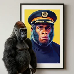 Gorilla standing beside a framed illustration of a vividly colored portrait of a man wearing a turtleneck and an admiral’s hat, hyperrealistic, concept art, 8k, artstation, cinematic, volumetric lighting