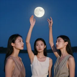 3 d, close - up, group of fashion models standing in a night lake with their hands raised to the bright moon, moon ryas, vogue cover style, intricate oil painting, high detail, figurative art, multiple exposure, poster art, 3 d, by tooth wu and wlop and beeple