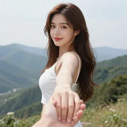 sexy girl, long brown hair, luscious lips, taking you by the hand, scenic view, mountain landscape, artstyle : high definition anime and ilya kuvshinov