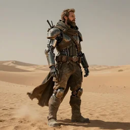 a bearded cloaked rugged engineer man with cybernetic enhancements lost in the desert, scifi character portrait by greg rutkowski, esuthio, craig mullins, fullbody portrait, cinematic lighting, dystopian scifi gear, gloomy, profile picture, mechanical, half robot, implants, steampunk