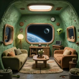 the alien's house from the inside, inside the house there is furniture a window on the wall from which you can see space, the furniture is made.