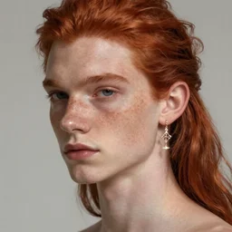 portrait of a thin young man with long red hair, ponytail, a lot of freckles on his face, an earring, intricate, elegant, glowing lights, highly detailed, digital painting, artstation, concept art, smooth, sharp focus, illustration