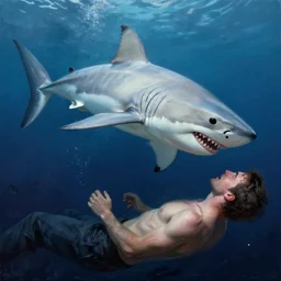 a dream fantasy painting of a white shark eat a man, in the deep, by beksinki, antonio j. manzanedo, greg rutkowski, carne griffith trending on artstation, deviantart, photorealism