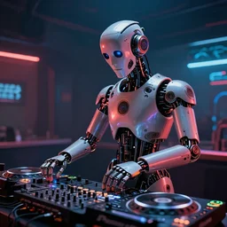 futuristic atompunk robot dj at a techno music club, soviet style