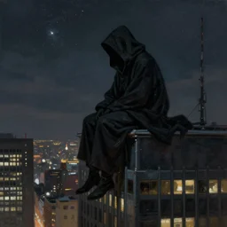 dark cloaked figure, perched on a skyscraper, close full figure, night, starry sky in the background, impressionist drawing, procreate, artstation hq, realistic painting, gritty, dark colors