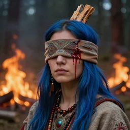A young blindfolded shaman woman with a decorated headband from which blood flows, in the style of heilung, blue hair and wood on her head. The background is a forest on fire, made by Esao Andrews and Karol Bak and Zdzislaw Beksinski,
