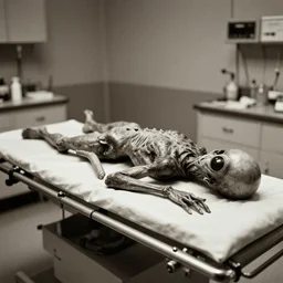 Alien lying on an operation table in a lab, photograph from 1890, grainy, high detail, high resolution, by David Cronenberg