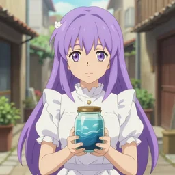 anime waifu with lavender hair white ruffly dress, holding jarred ocean. spanish ghibli alleyway. symmetrical face. symmetrical detailed defined eyes. isekai background style.