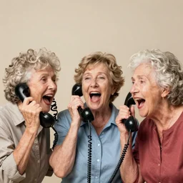 three old ladies shouting into a landline telephone receiver, snapshot