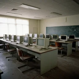 wide angle shot of an abandoned computer lab from the 1 9 5 0 s