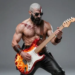 sunglasses wearing kratos shredding on a flaming stratocaster guitar, cinematic render, god of war 2 0 1 8, santa monica studio official media, sunglasses, lightning, clear