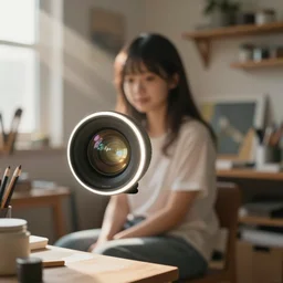 medium sensor, 88mm lense , depth of field, rim lights, anime, advanced digital art, soft blur, girl sitting in a room filled with art supplies, sun rays coming in through a window on the left.