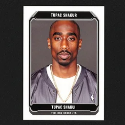 portrait of tupac shakur as trading card, with symmetrical attributes, sports trading card