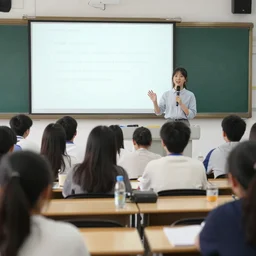 a cute young Chinese girl gives a lecture in front of a class of adult students