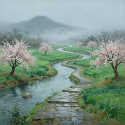 a gorgeous spring landscape painting by barlowe wayne maxfield parrish and marco mazzoni. chinese field by the river!! rainy mood. grey blue and very little light verdancy. wet winding stone steps. ultra clear detailed. 3 d, octane render. fog, 8 k