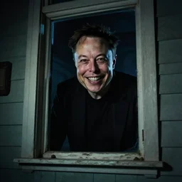 photograph at night of elon musk smiling creepily through your bedrooms window, horror art,