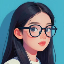 an expressive profile portrait painting of a gen z female student with thick - rimmed glasses, in the style of an original beeple digital art painting, vaporwave cartoon