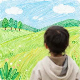 a photograph of a person, the background is a landscape drawn by a kid