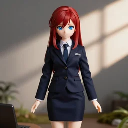 dollfie in office suit with skirt, red hair, blue eyes,